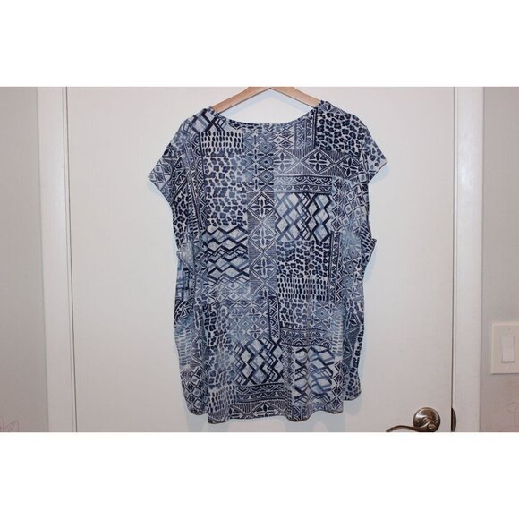 Ava James Womens 3X Blue Geometric Print Short Sleeve Top - Picture 5 of 8